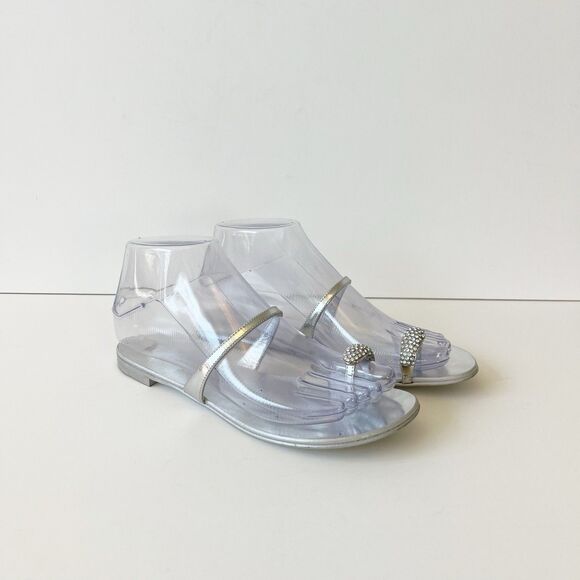 Giuseppe Zanotti Ring Silver Flat Sandals Crystal Embellished Toe Size 6/36 - Picture 5 of 14